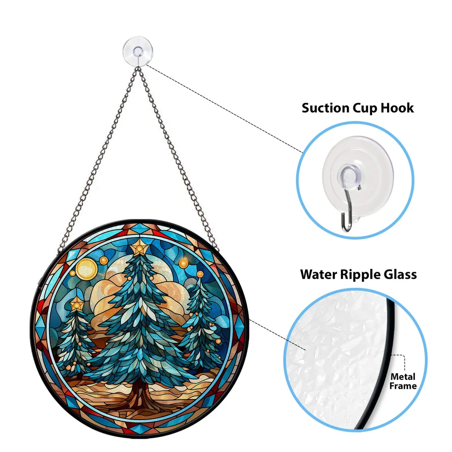 Christmas tree stained glass ornament hanging with suction cup hook and water ripple glass detail.