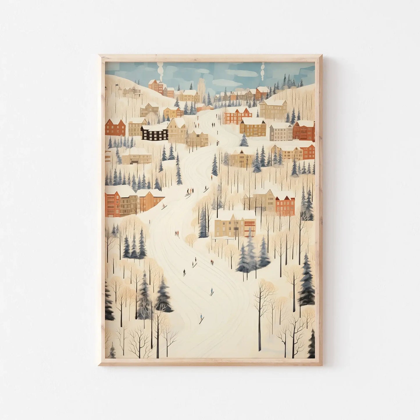 Christmas wall art prints featuring a colorful winter village scene with snow, houses, and skiers.
