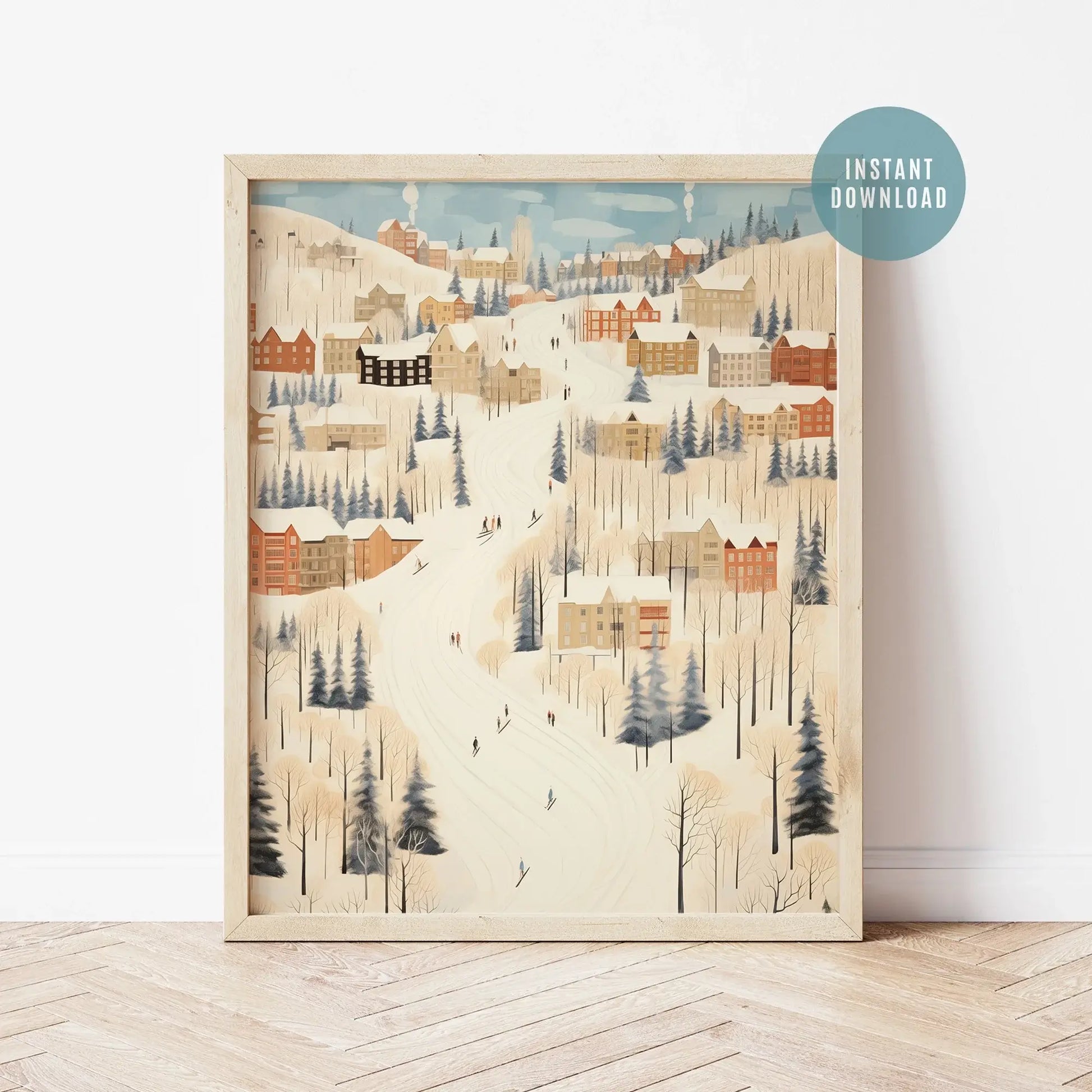 Christmas wall art prints featuring a winter village scene with snowy landscape and cozy homes for festive decor.