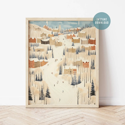 Christmas wall art prints featuring a winter village scene with snowy landscape and cozy homes for festive decor.