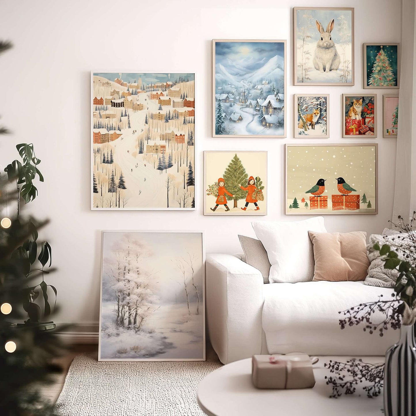 Christmas wall art prints featuring a winter village scene and festive decorations in a cozy living room.