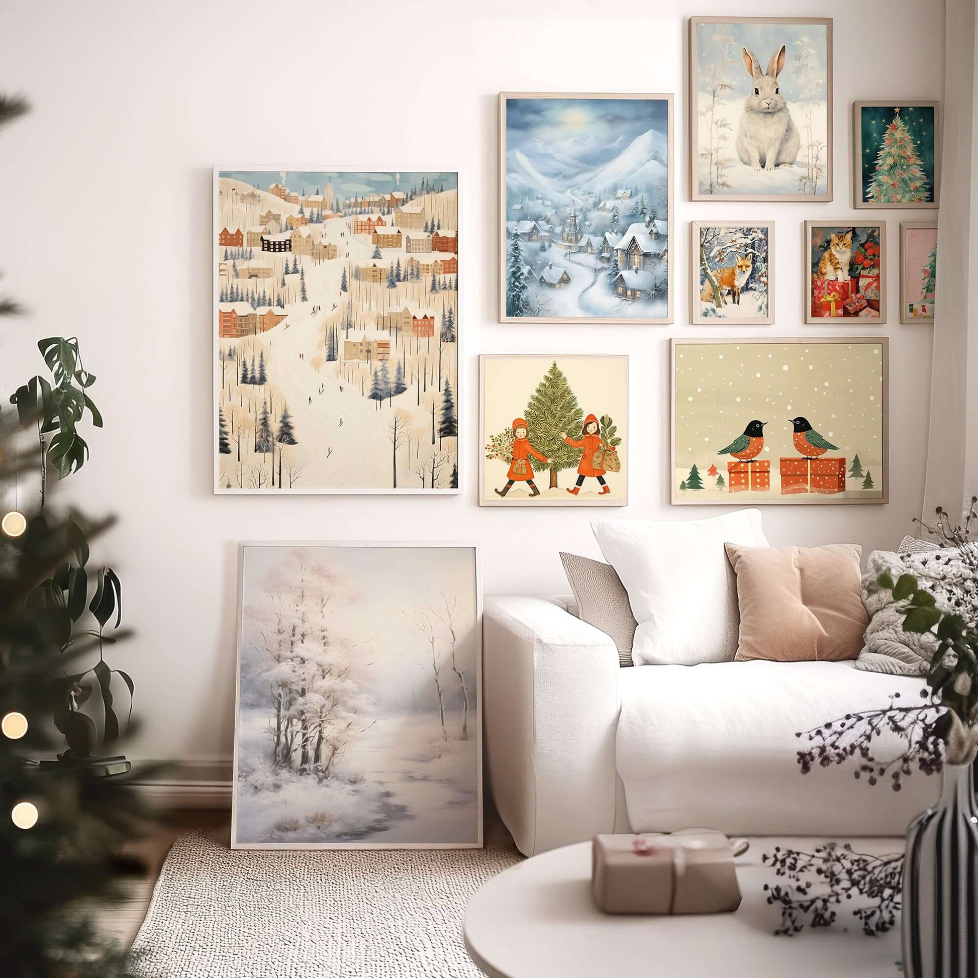 Christmas wall art prints featuring a winter village scene and festive decorations in a cozy living room.