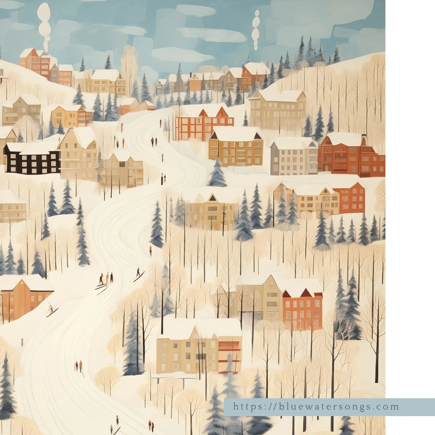 Christmas wall art prints featuring a winter village scene with snowy landscapes and colorful houses.