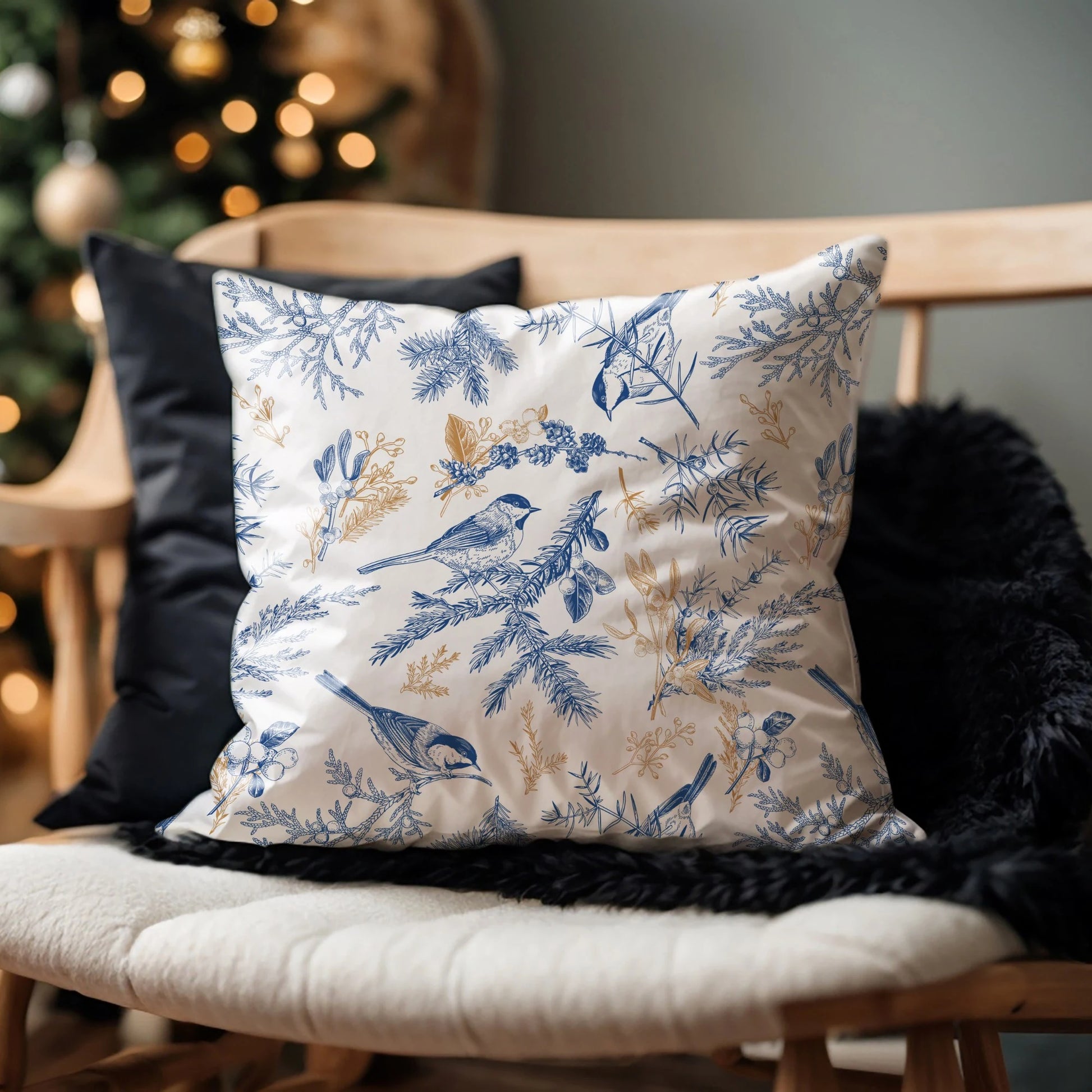 Vintage Botanical Blue Bird Winter PILLOW & COVER