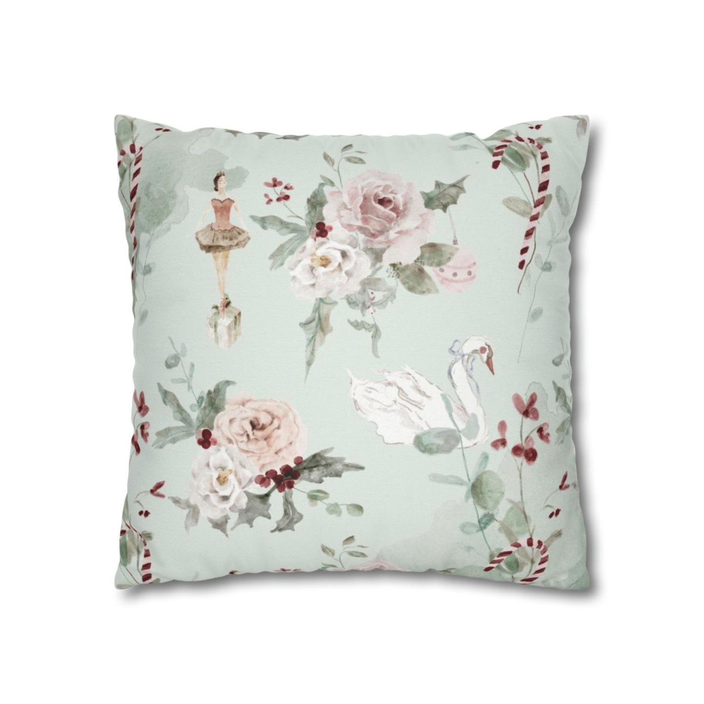 Ballerina Christmas Pillow Cover featuring floral designs and a ballerina illustration - perfect for holiday decor.