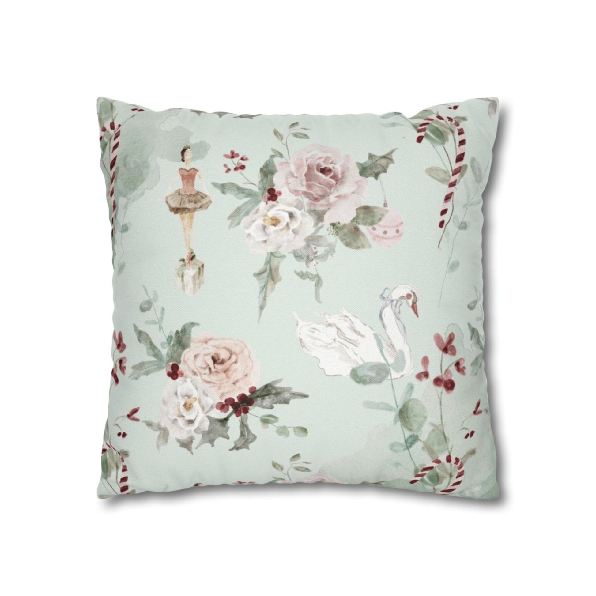 Ballerina Christmas Pillow Cover featuring floral designs and a ballerina illustration - perfect for holiday decor.