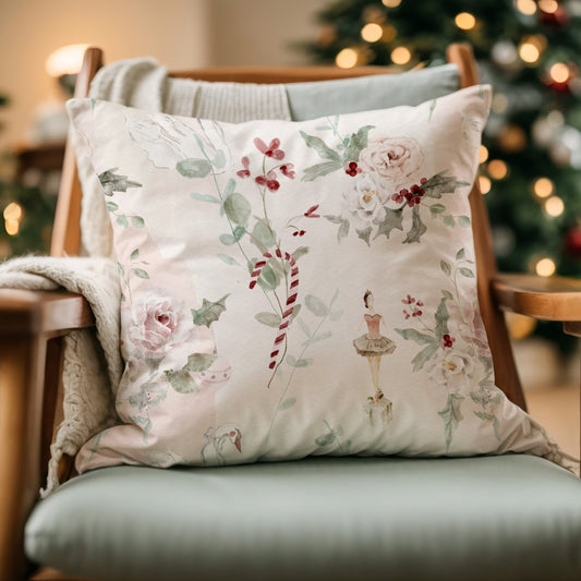 elegant Ballerina Nutcracker Christmas PILLOW from Blue Water Songs on green sofa