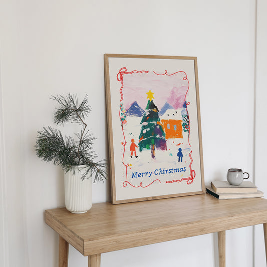 Cute Merry Christmas in eclectic style- poster Blue Water Songs on wood table