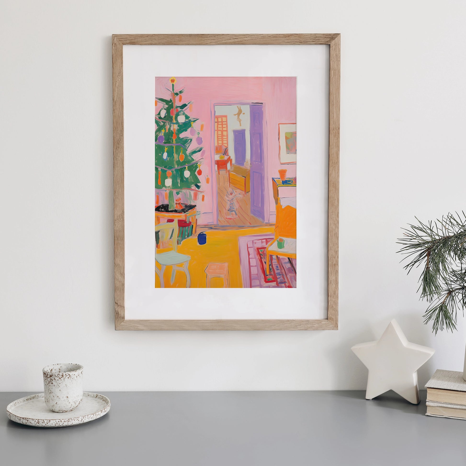 Eclectic Pink Christmas Wall Art from Blue Water Songs hanging on wall 