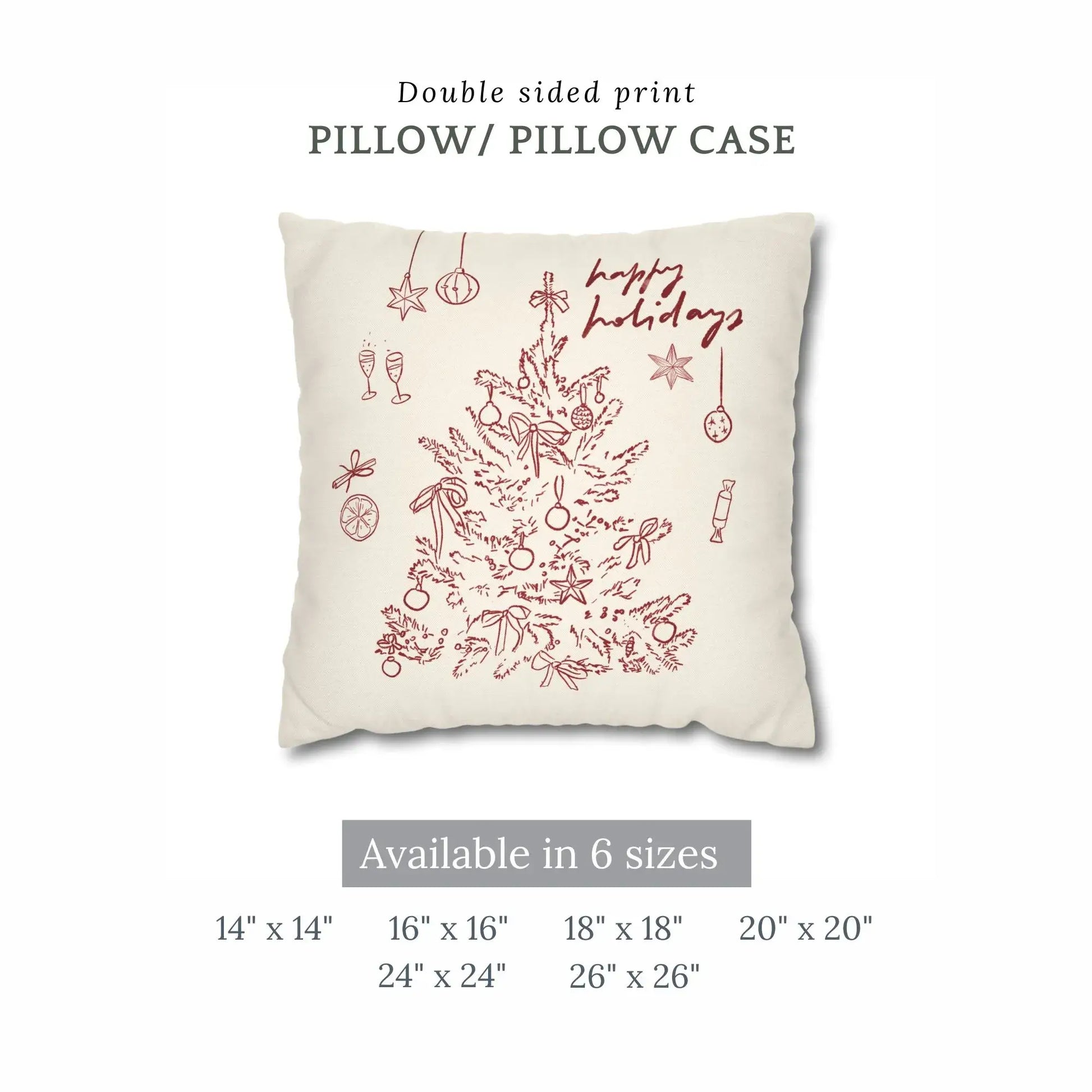 Red Christmas Tree Pillow cover shown with size options for holiday decor