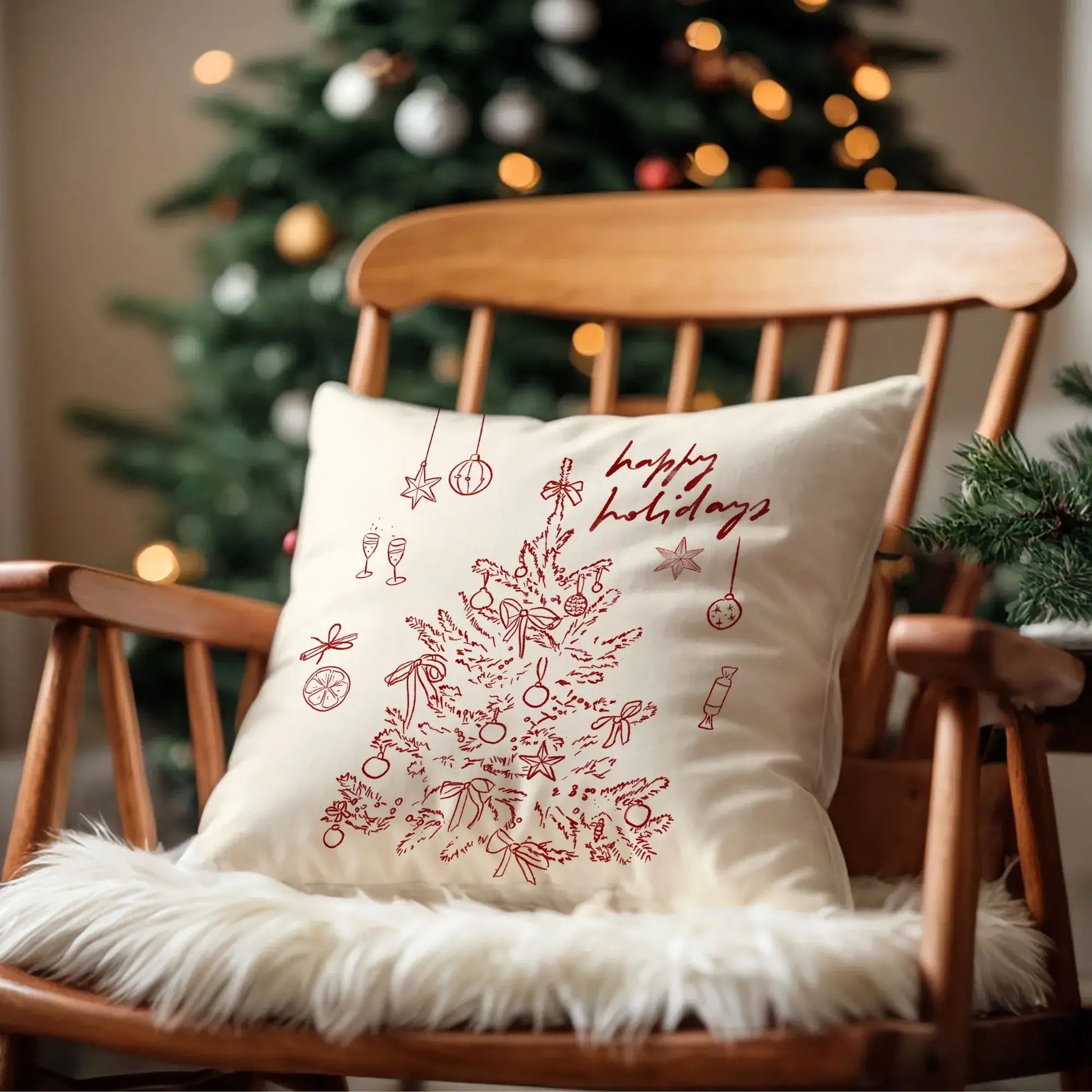 Red Christmas Tree Pillow cover on wooden chair near Christmas tree, charming retro holiday feel