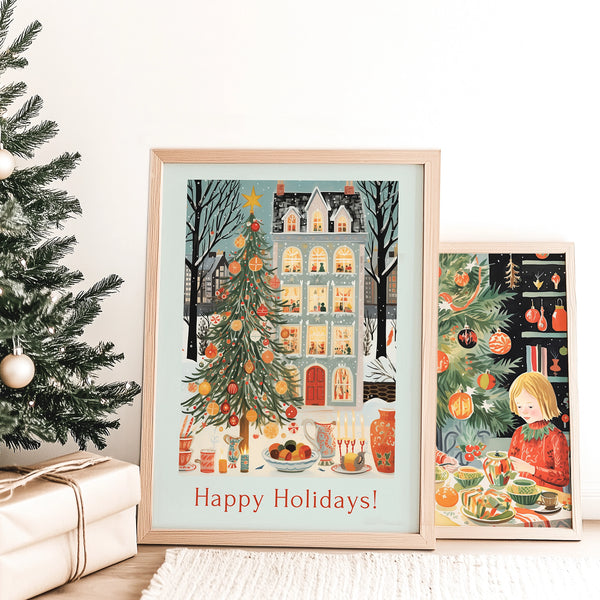 Holiday Village Blue Water Songs posters next to Christmas tree