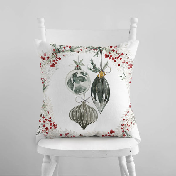 watercolor ornaments christmas pillow on white chair