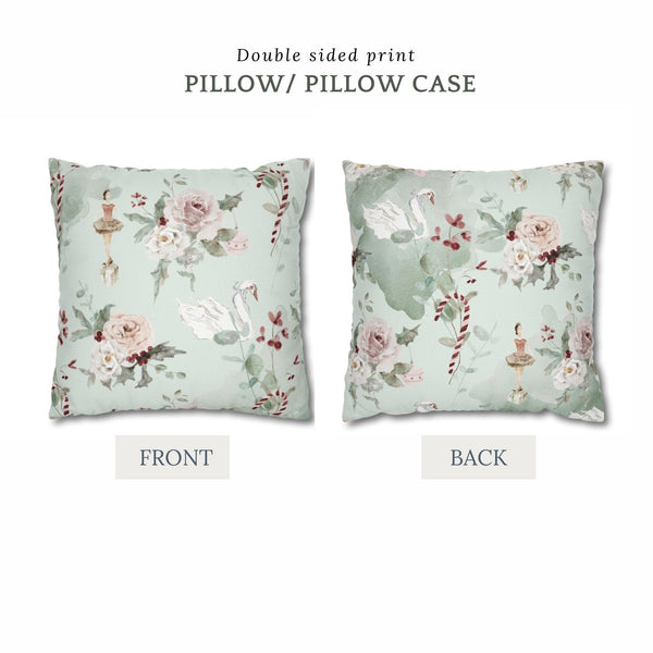 front and back of elegant Swan Ballerina Nutcracker Christmas PILLOW from Blue Water Songs