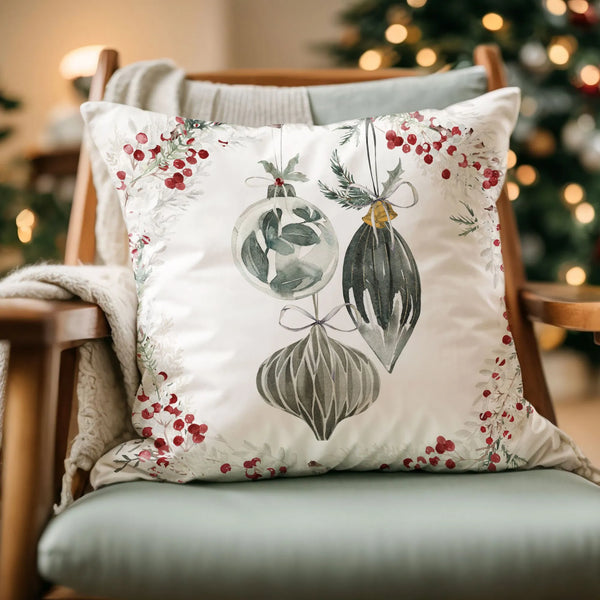 watercolor ornaments christmas pillow on green sofa