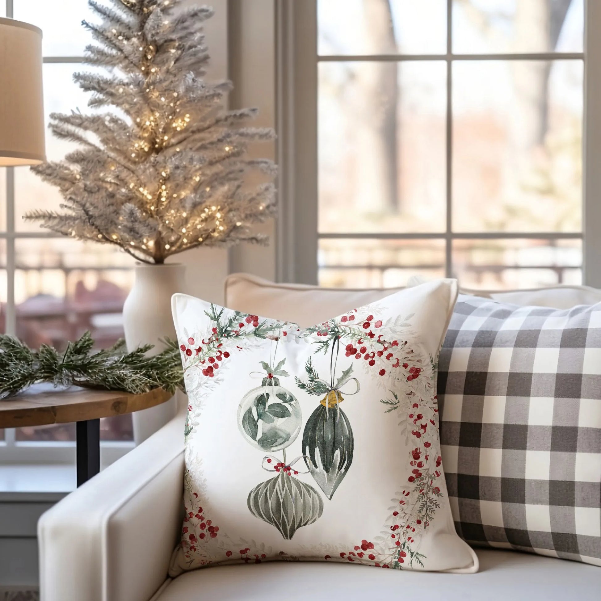 watercolor ornaments christmas pillow in elegant living room