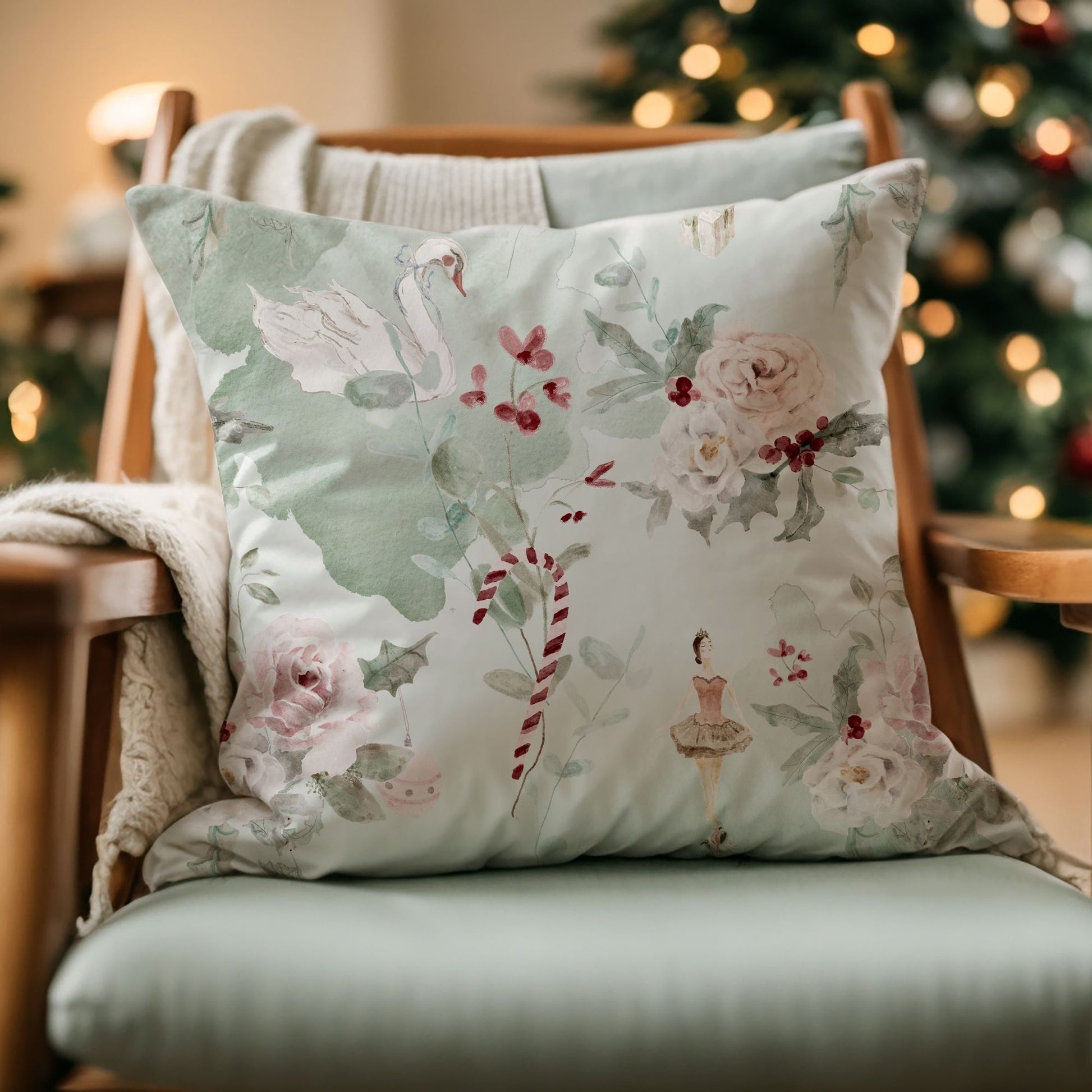 elegant Ballerina Nutcracker Christmas PILLOW from Blue Water Songs on green sofa