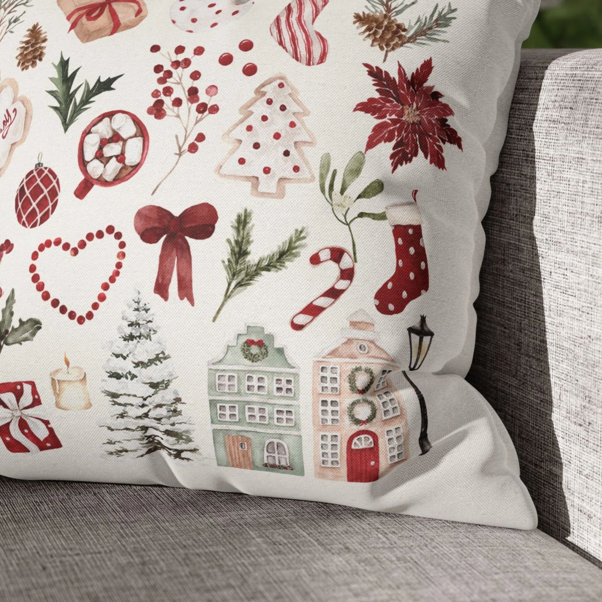 close up of Blue Water Song's Watercolor Cozy Christmas PILLOW 