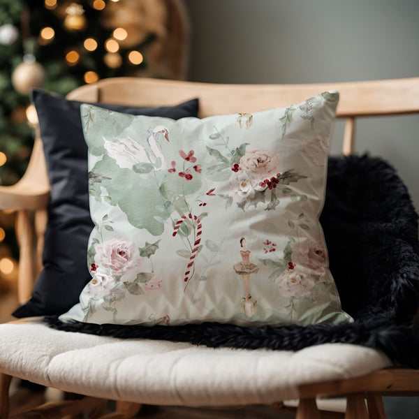 cute Ballerina Nutcracker Christmas PILLOW from Blue Water Songs sitting on a black fur banket