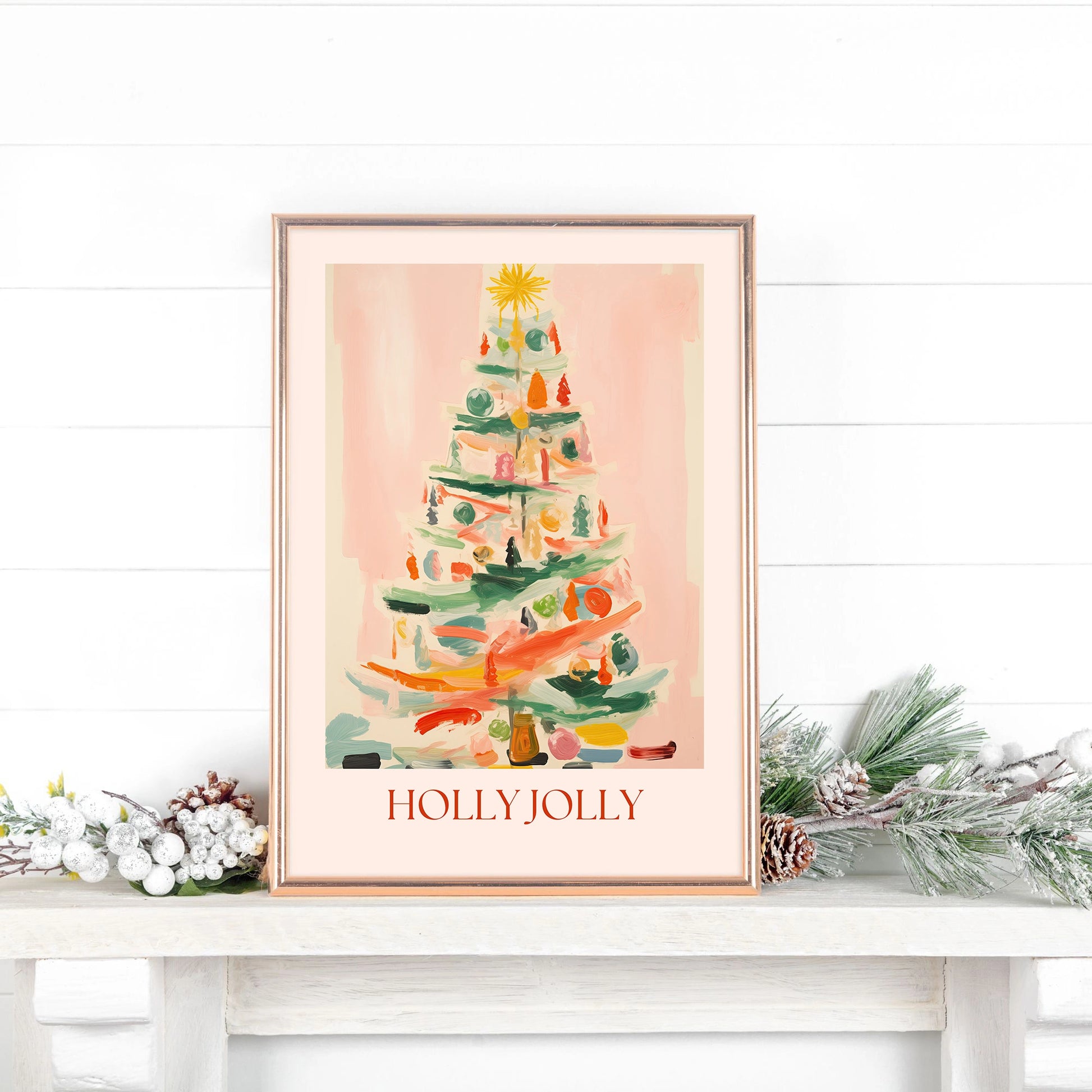 Eclectic Pink Christmas Tree Art Print from Blue Water Songs placing in shelf