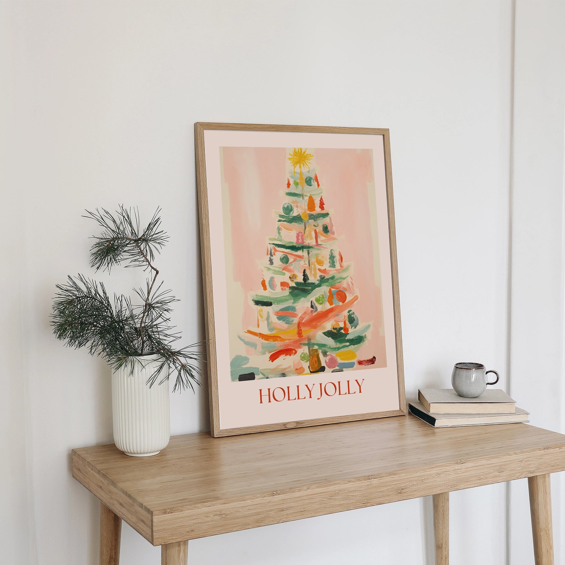 Eclectic Pink Christmas Tree Art Print from Blue Water Songs placing on wood table