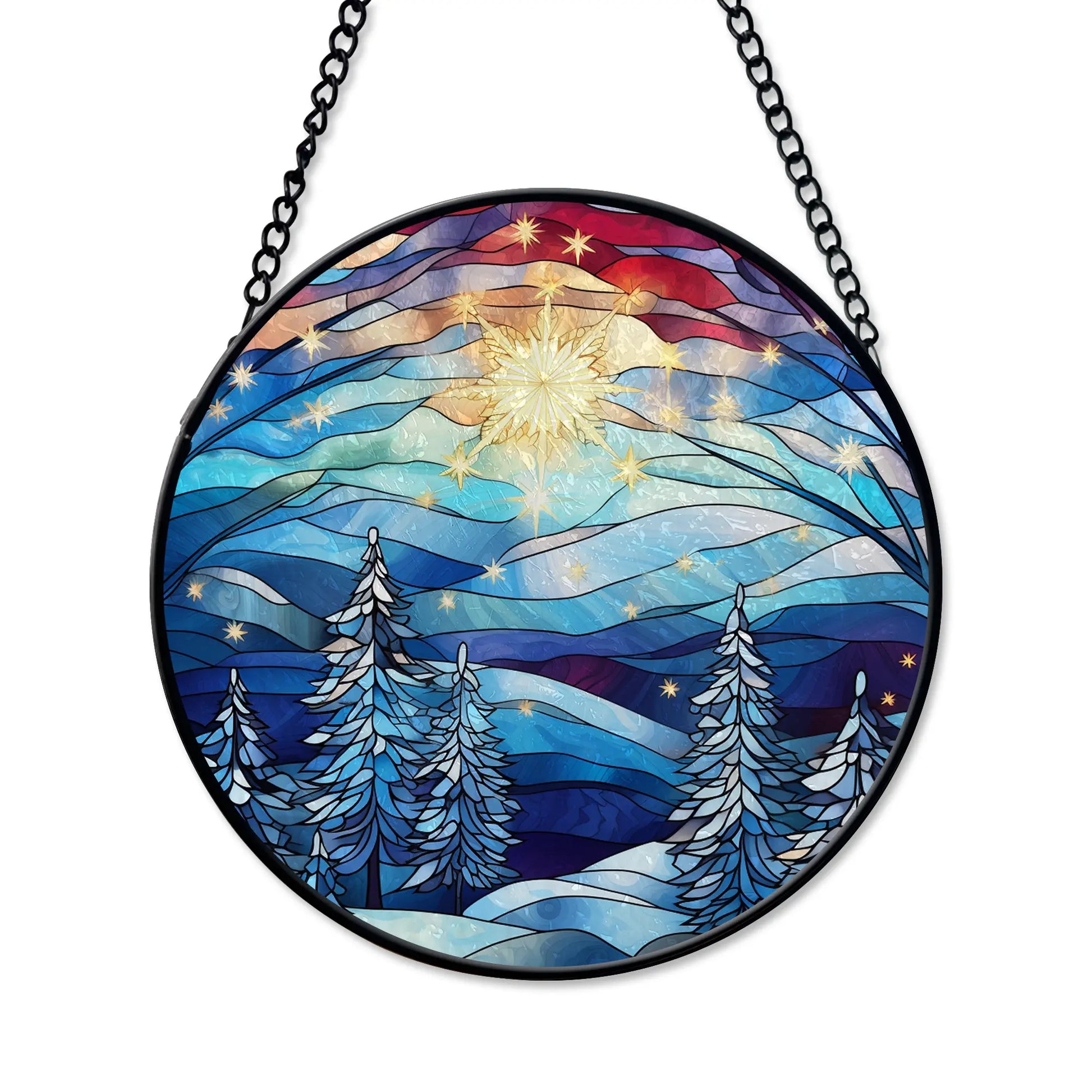 Blue Water Songs - Blue Christmas Tree Round Stained Glass Ornament 