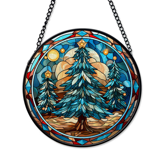 Holiday Window Decoration, Christmas Trees Round Stained Glass Ornament from Blue Water Songs