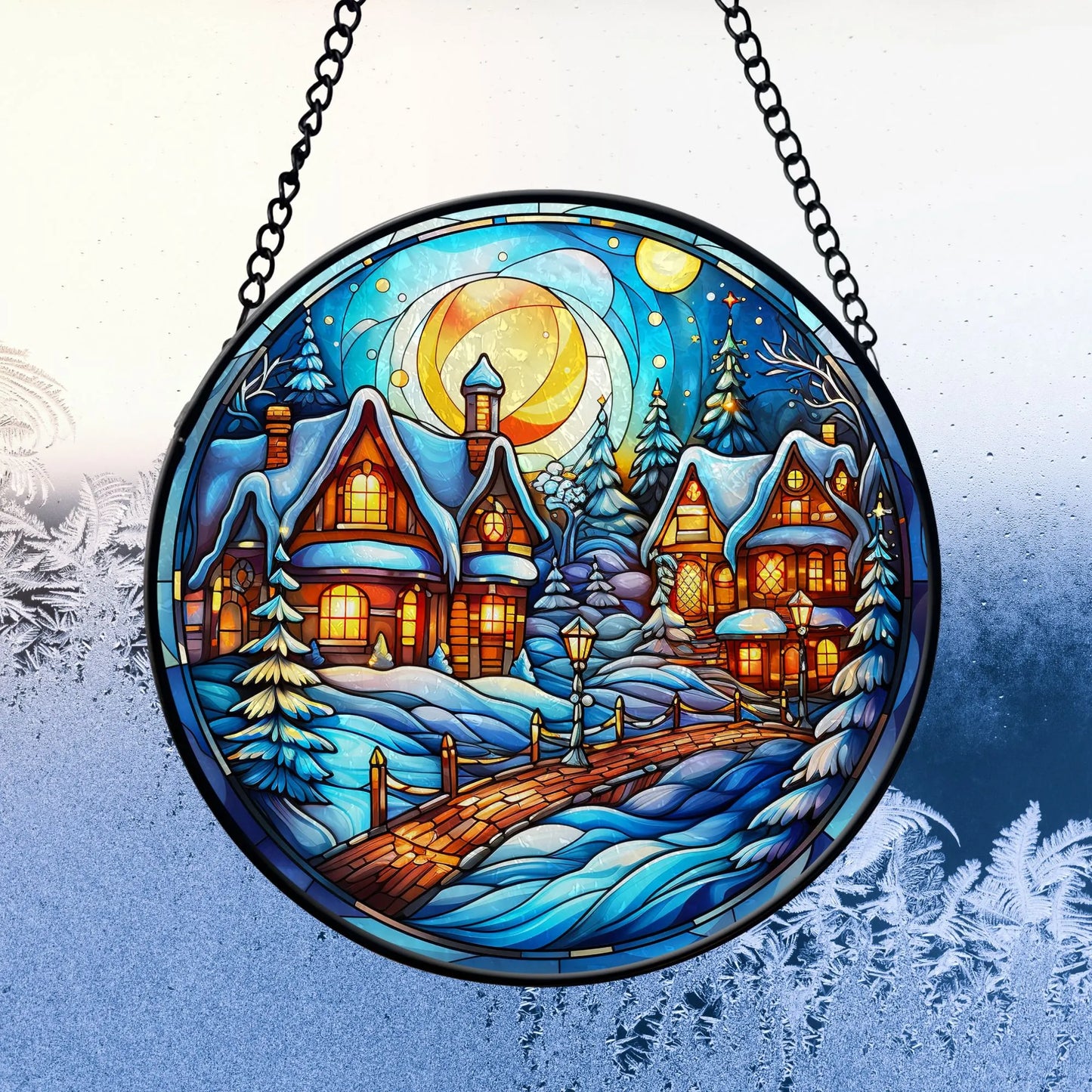 Blue Water Songs UV Printed glass ornament hanging on frozen window
