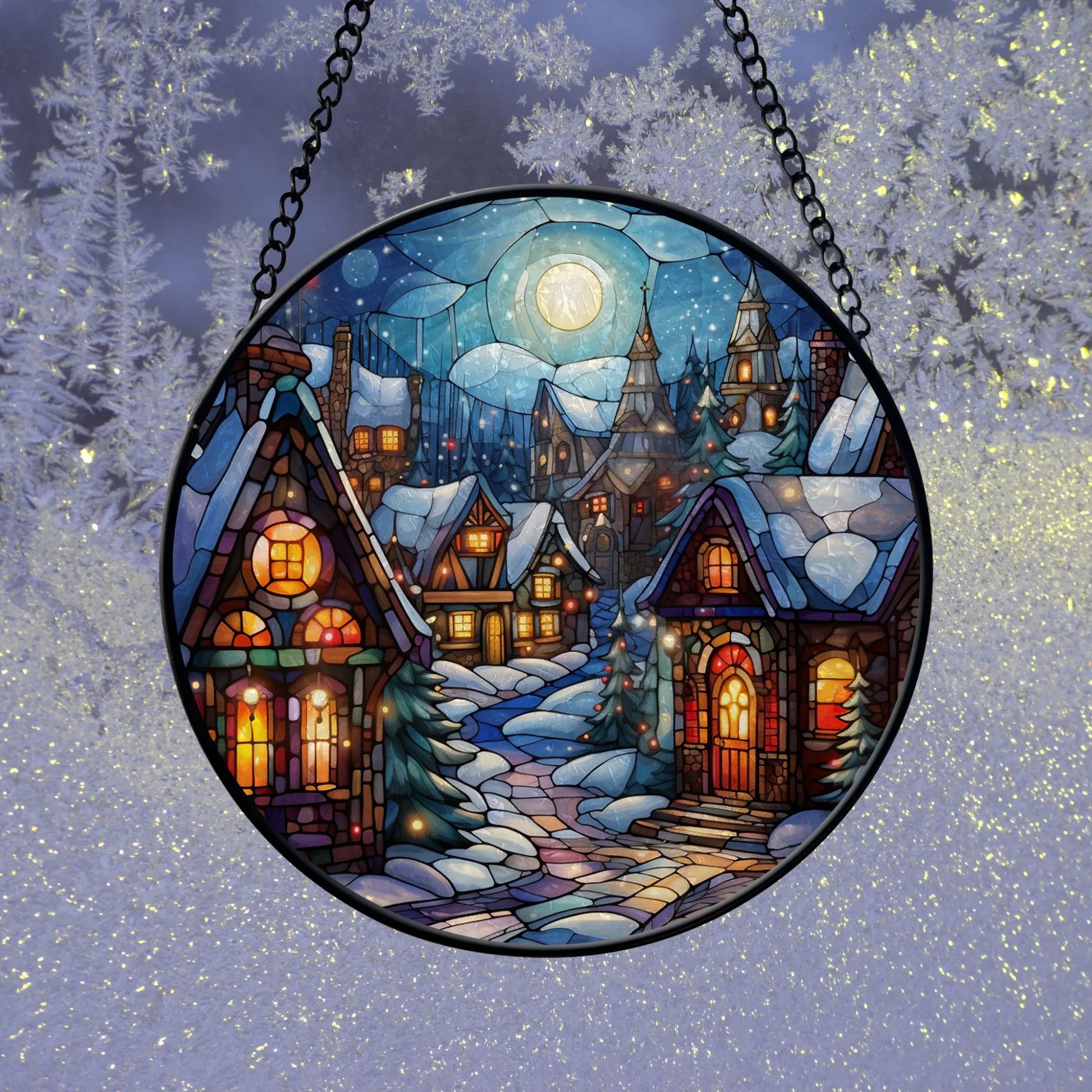 Blue Water Songs Christmas Village Round Stained Glass Ornament hanging on frozen window