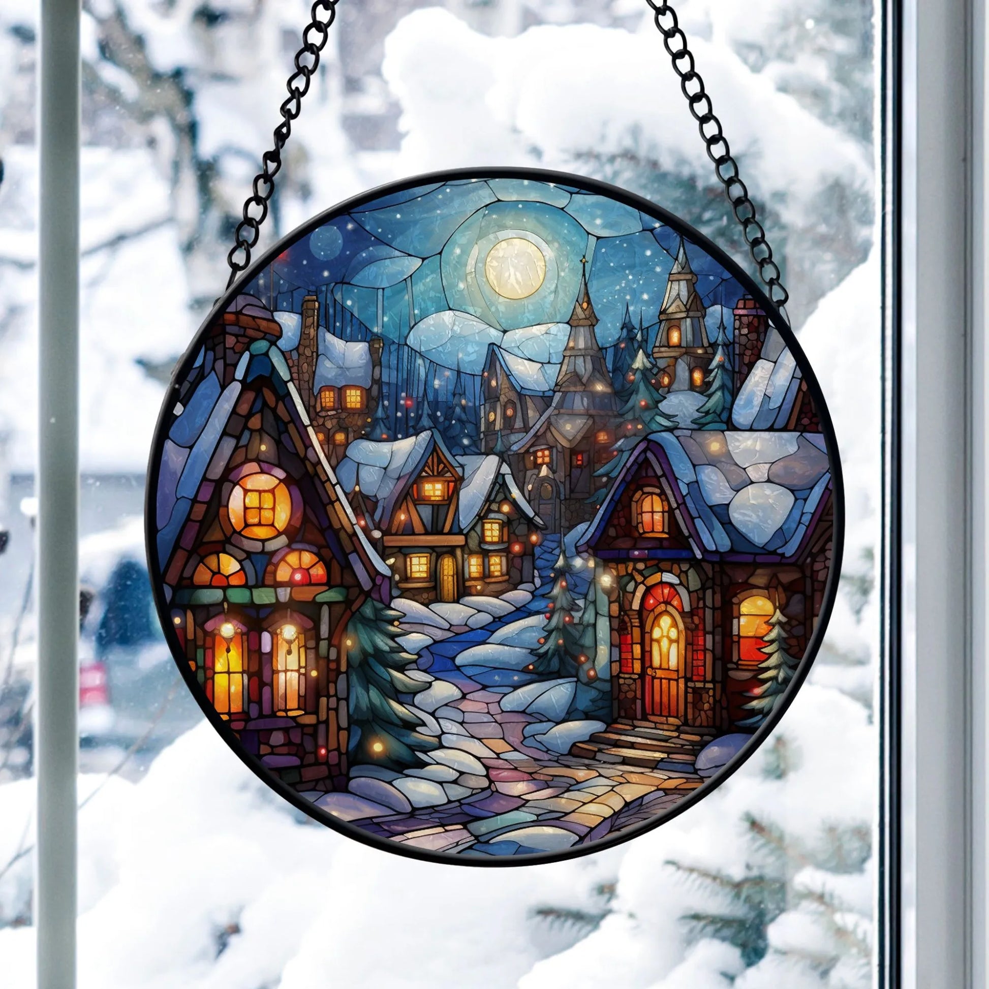 Seasonal Window Decor with Christmas village hanging ornament from Blue Water Songs