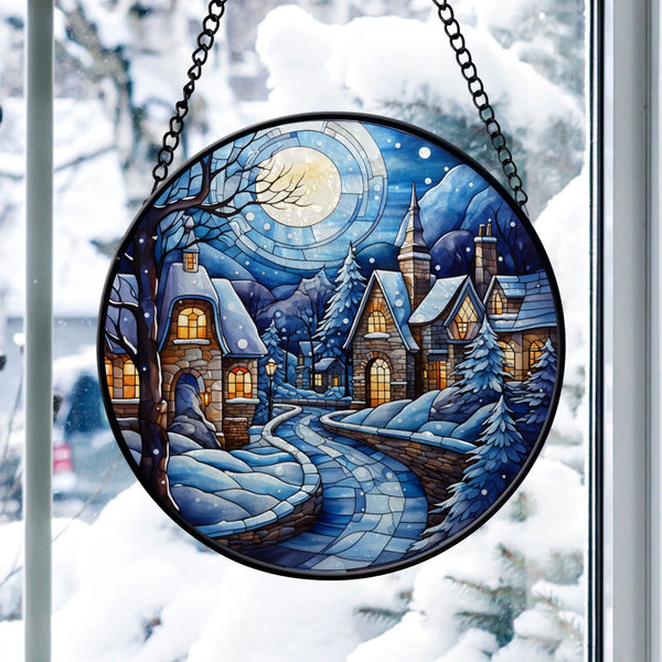 holiday window decor with winter village hanging ornament