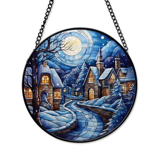 Blue Water Songs - Winter Village Christmas Round Stained Glass Ornament 