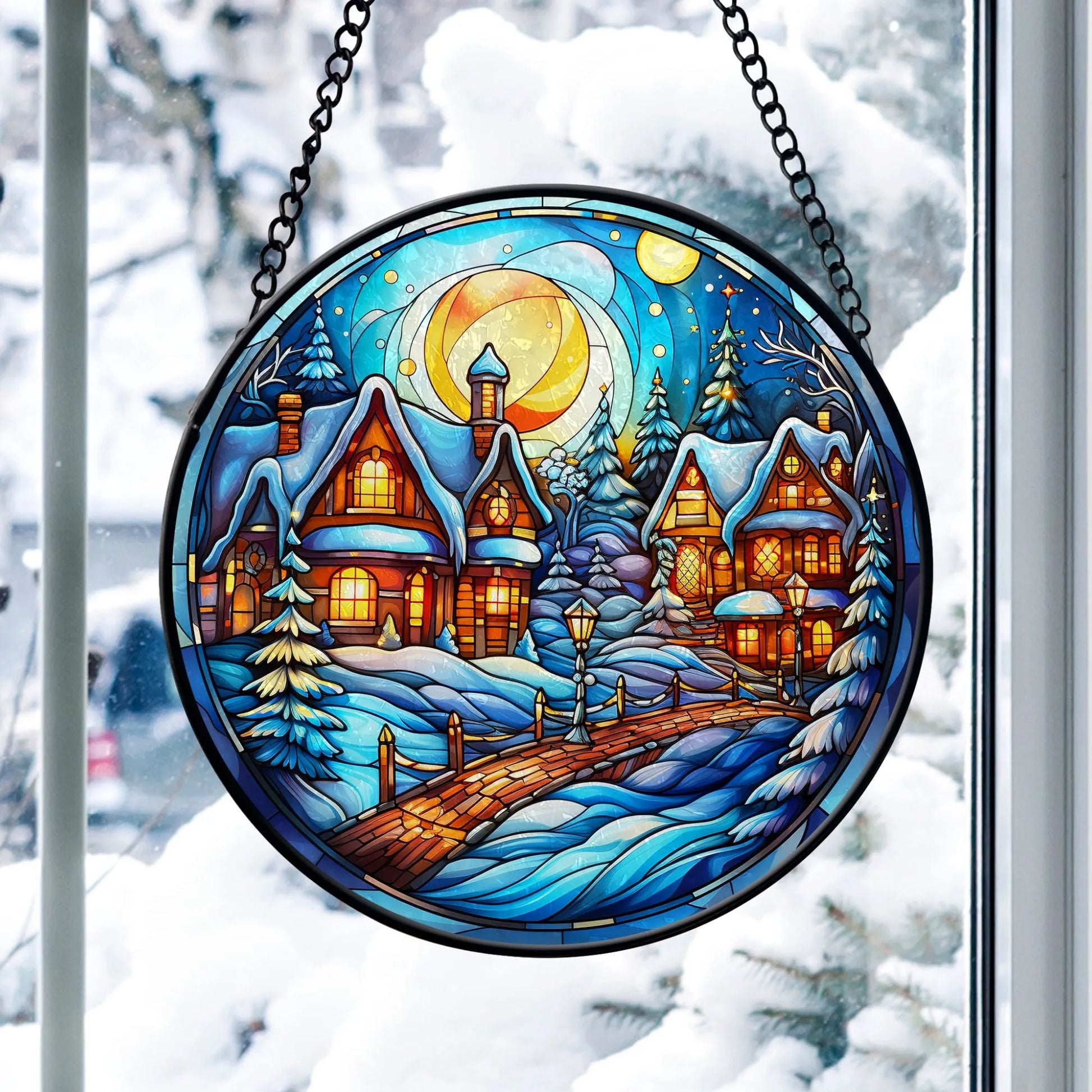 Seasonal Window Decor with Christmas Village round hanging ornament from Blue Water Songs