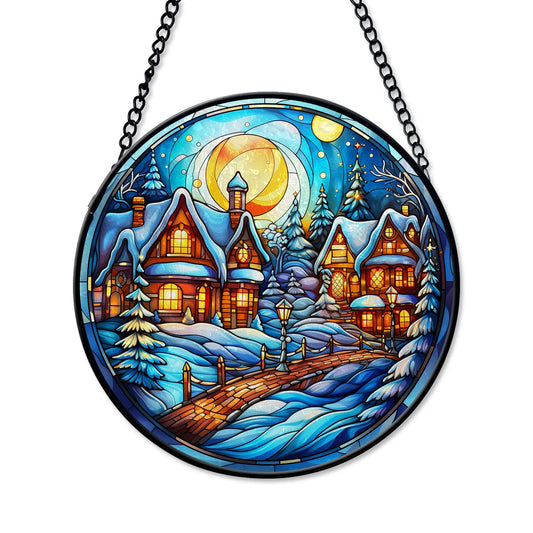 Christmas Village Round Stained Glass Ornament from Blue Water Songs