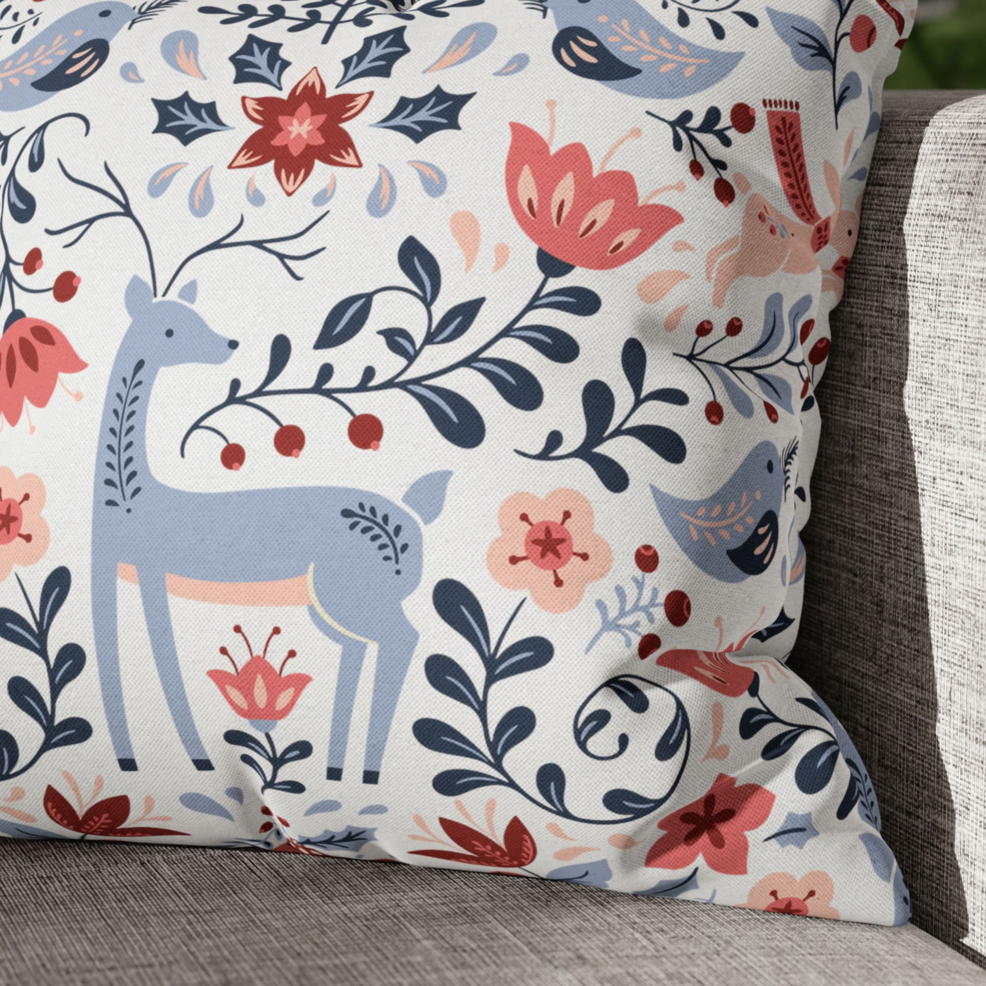 Nordic Reindeer Christmas Pillow featuring floral and reindeer patterns for Scandinavian winter decor.