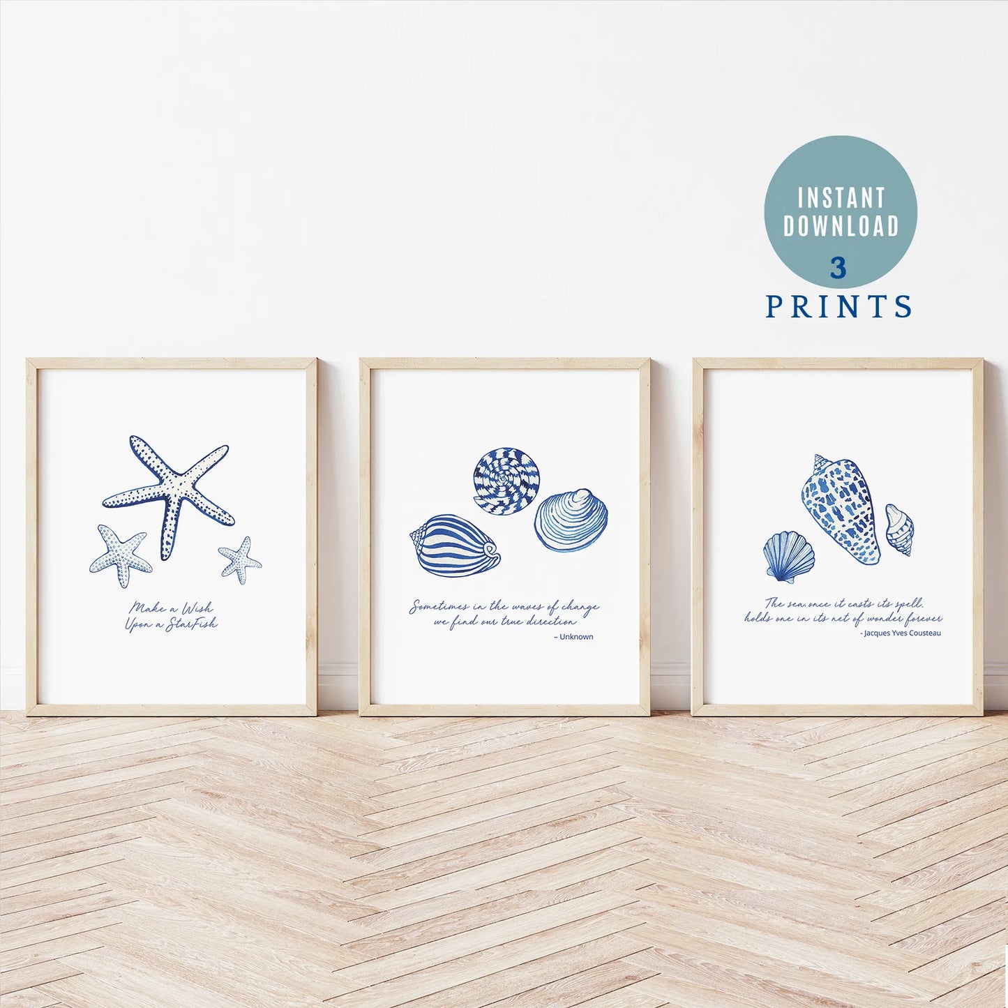Coastal prints featuring watercolor seashells in blue tones, set of 3 digital downloads for wall art.