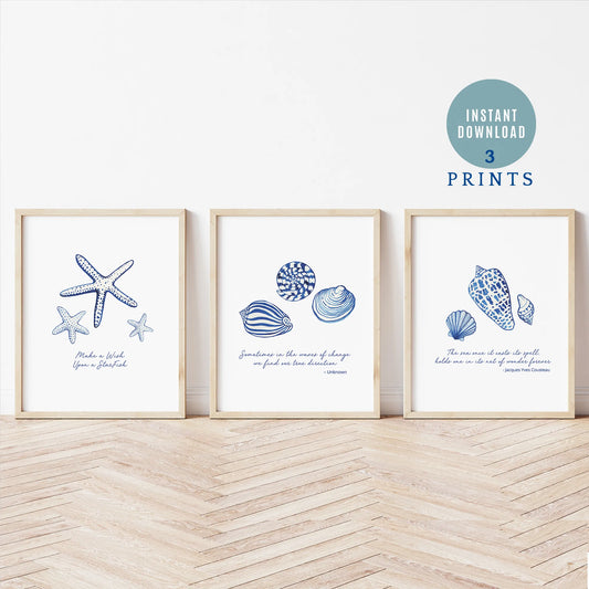 Coastal prints featuring watercolor seashells in blue tones, set of 3 digital downloads for wall art.