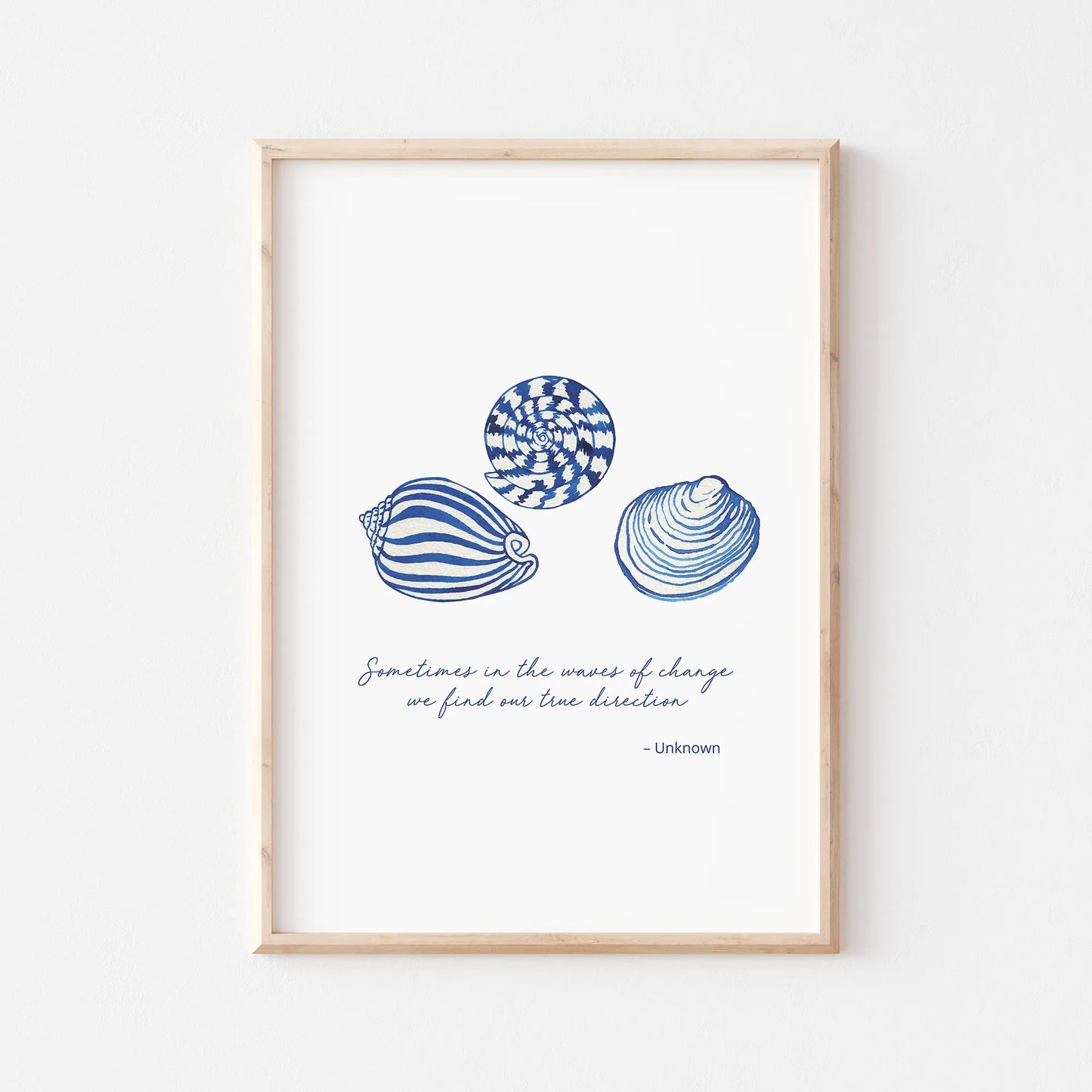Coastal prints featuring three blue seashell illustrations with an inspirational quote about change.