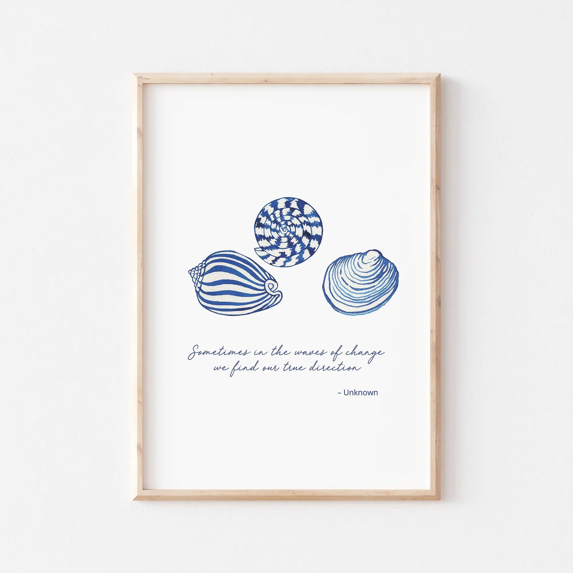 Coastal prints featuring three blue seashell illustrations with an inspirational quote about change.