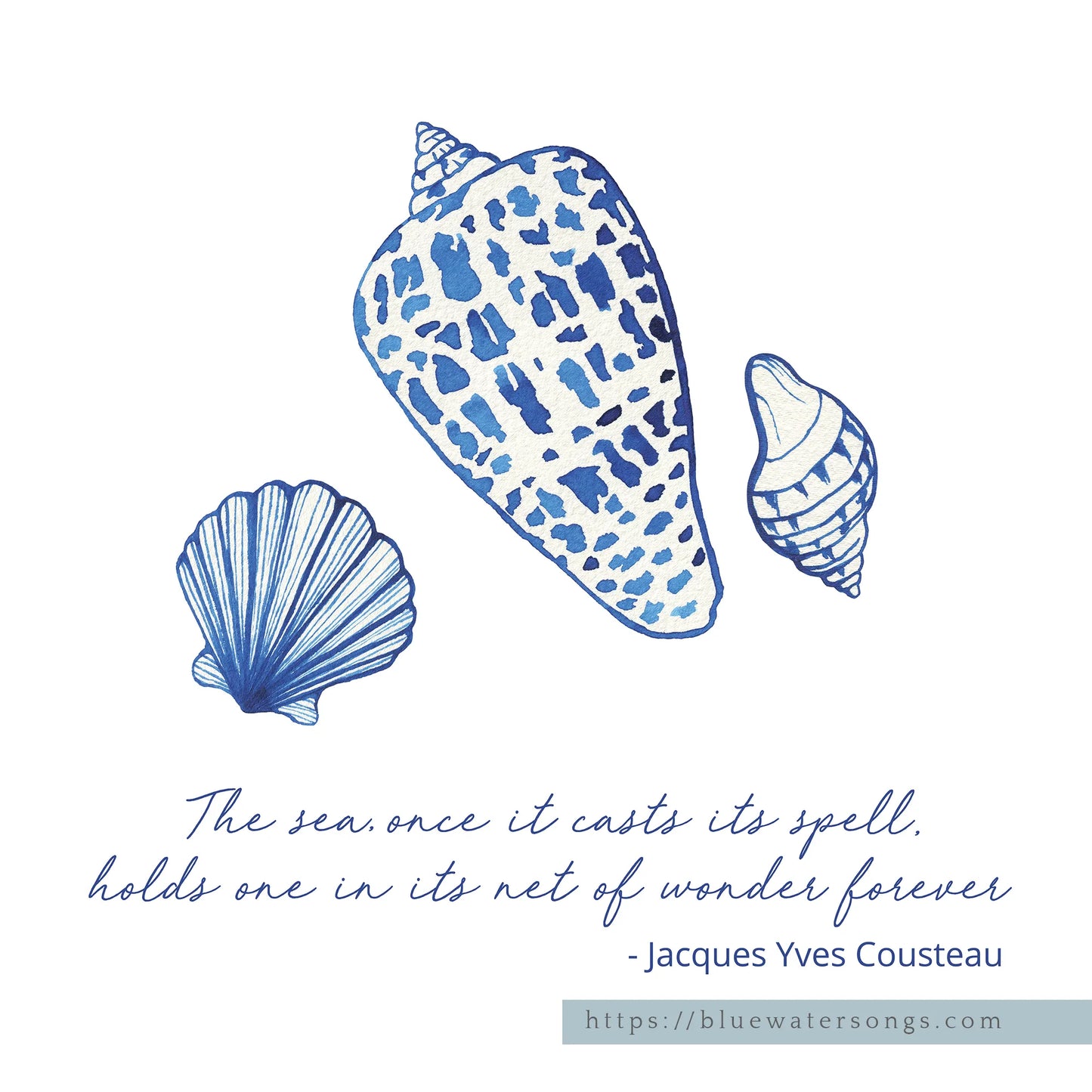 Coastal prints featuring blue seashell illustrations with a quote by Jacques Yves Cousteau, perfect for beach-themed decor.