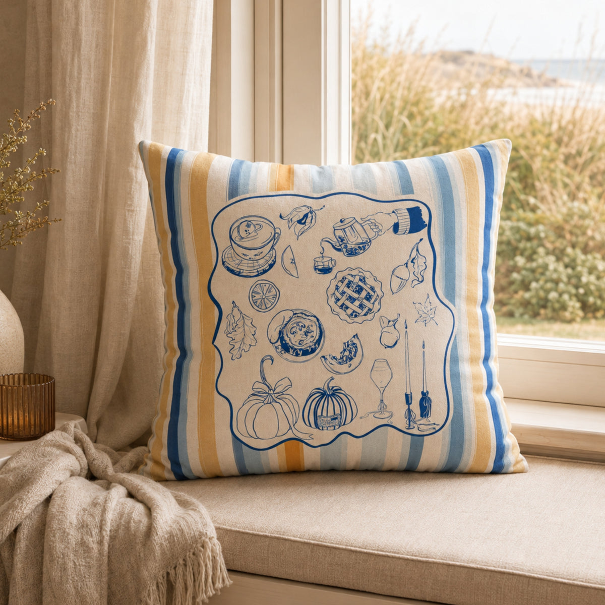 Blue Yellow Coastal Fall Pillow and Cover, Coastal Fall Decor