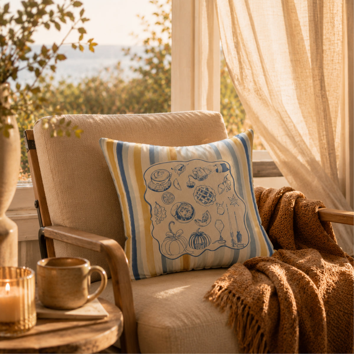 Blue Yellow Coastal Fall Pillow and Cover, Coastal Fall Decor