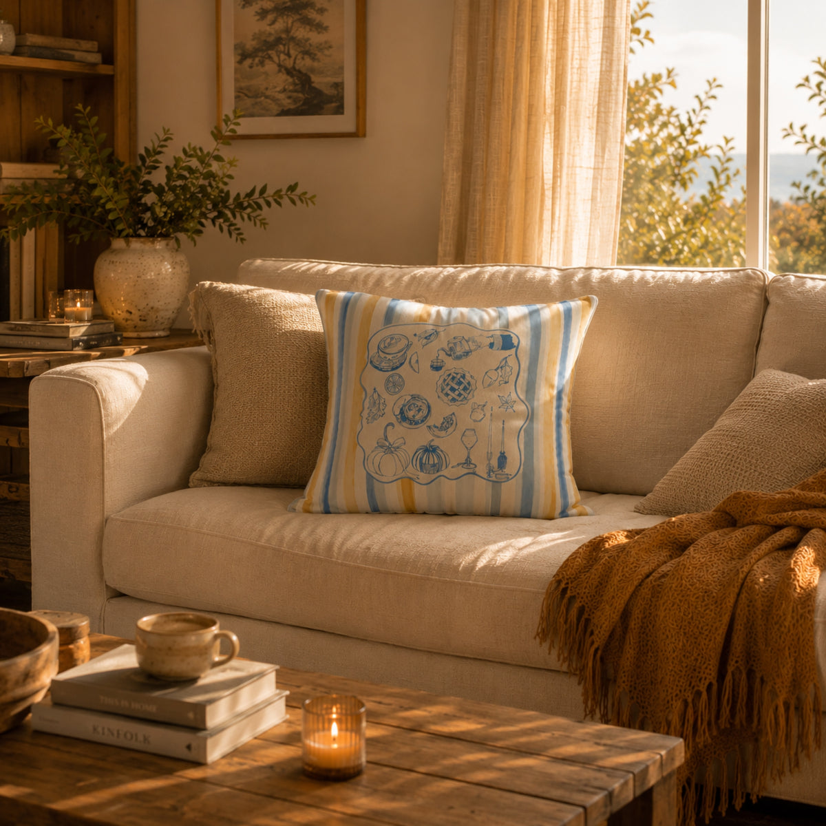 Blue Yellow Coastal Fall Pillow and Cover, Coastal Fall Decor