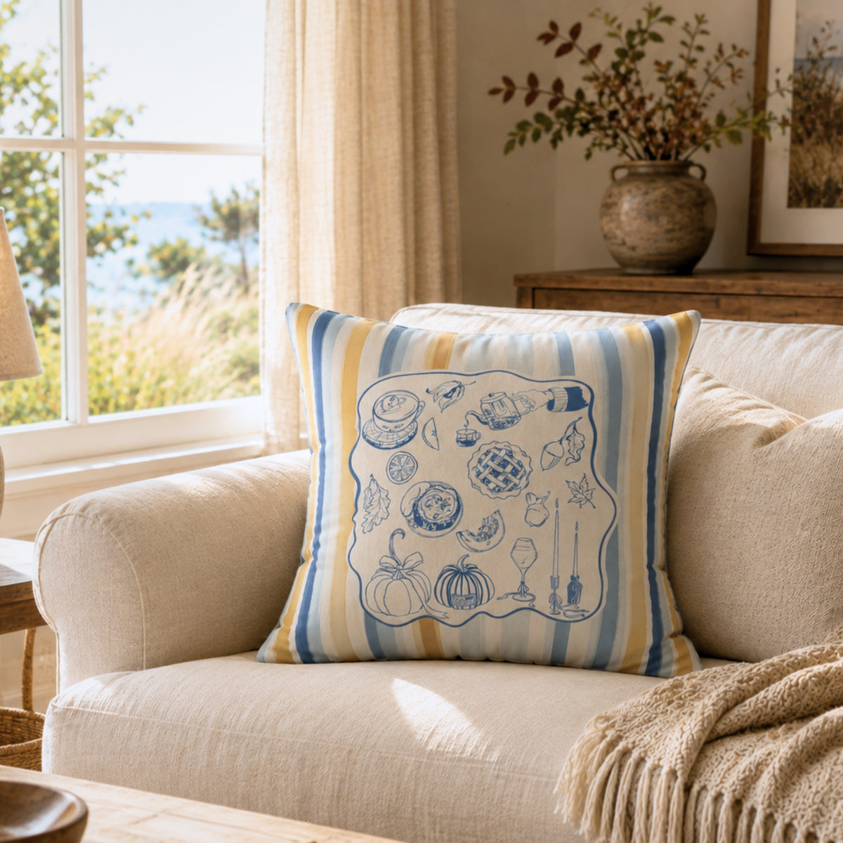 Blue Yellow Coastal Fall Pillow and Cover, Coastal Fall Decor