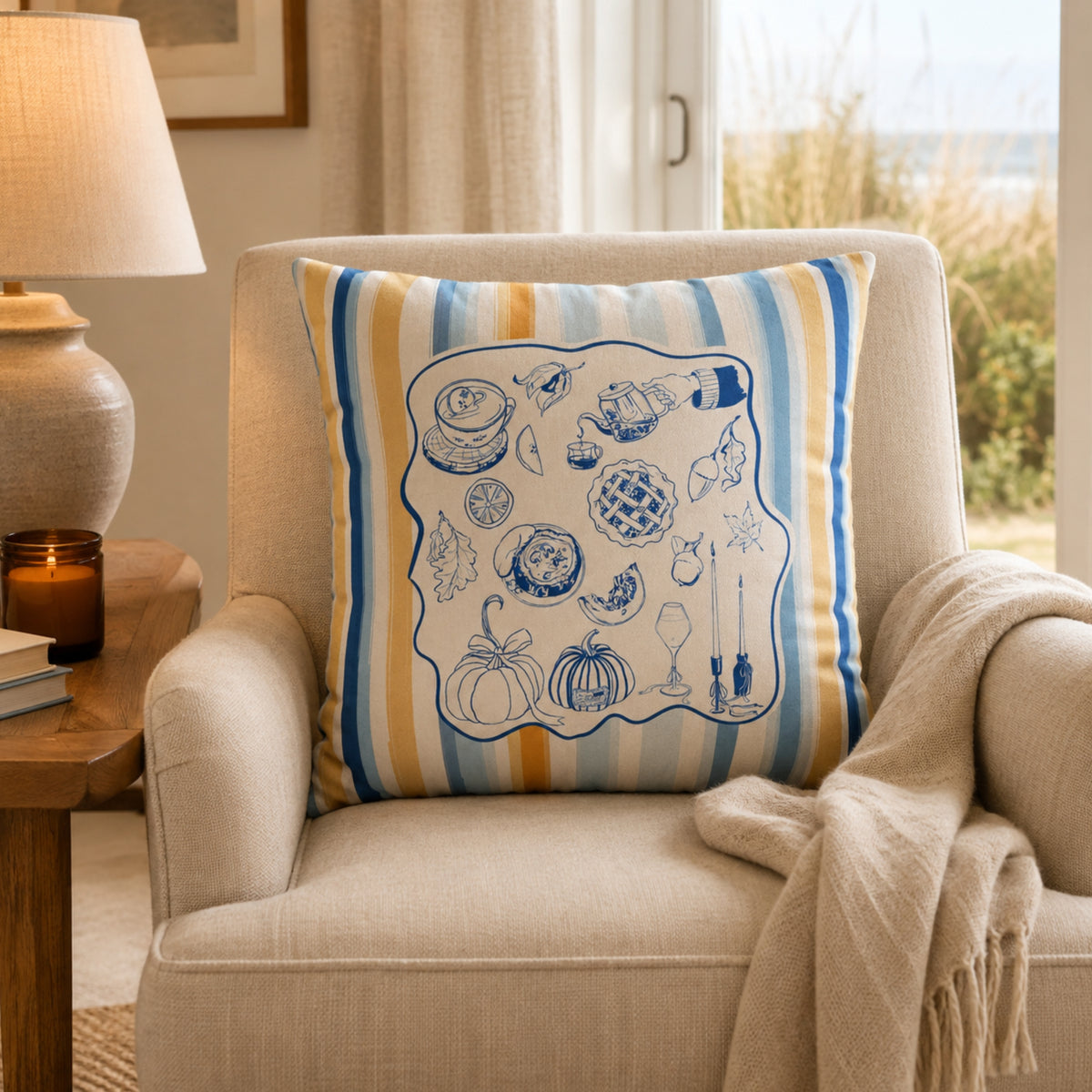 Blue Yellow Coastal Fall Pillow and Cover, Coastal Fall Decor