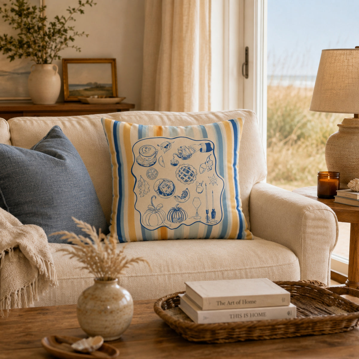 Blue Yellow Coastal Fall Pillow and Cover, Coastal Fall Decor
