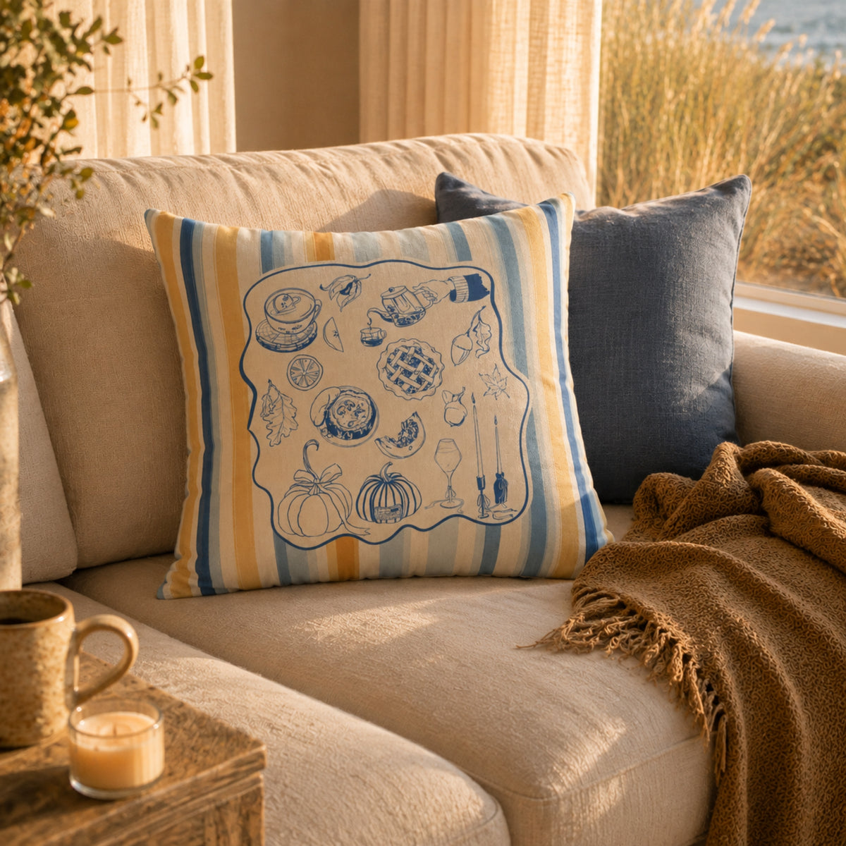 Blue Yellow Coastal Fall Pillow and Cover, Coastal Fall Decor