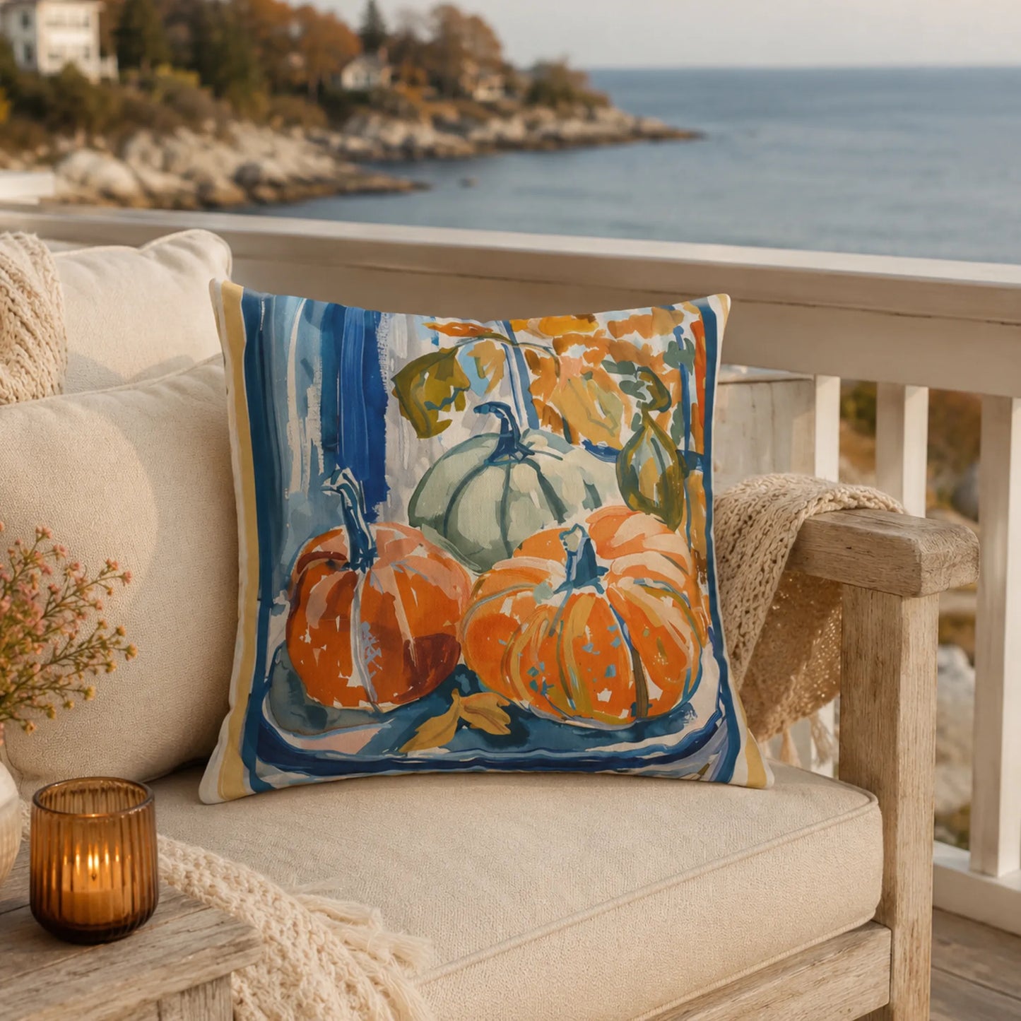 Blue and Orange Pumpkin Pillow and Cover, Coastal Fall Decor