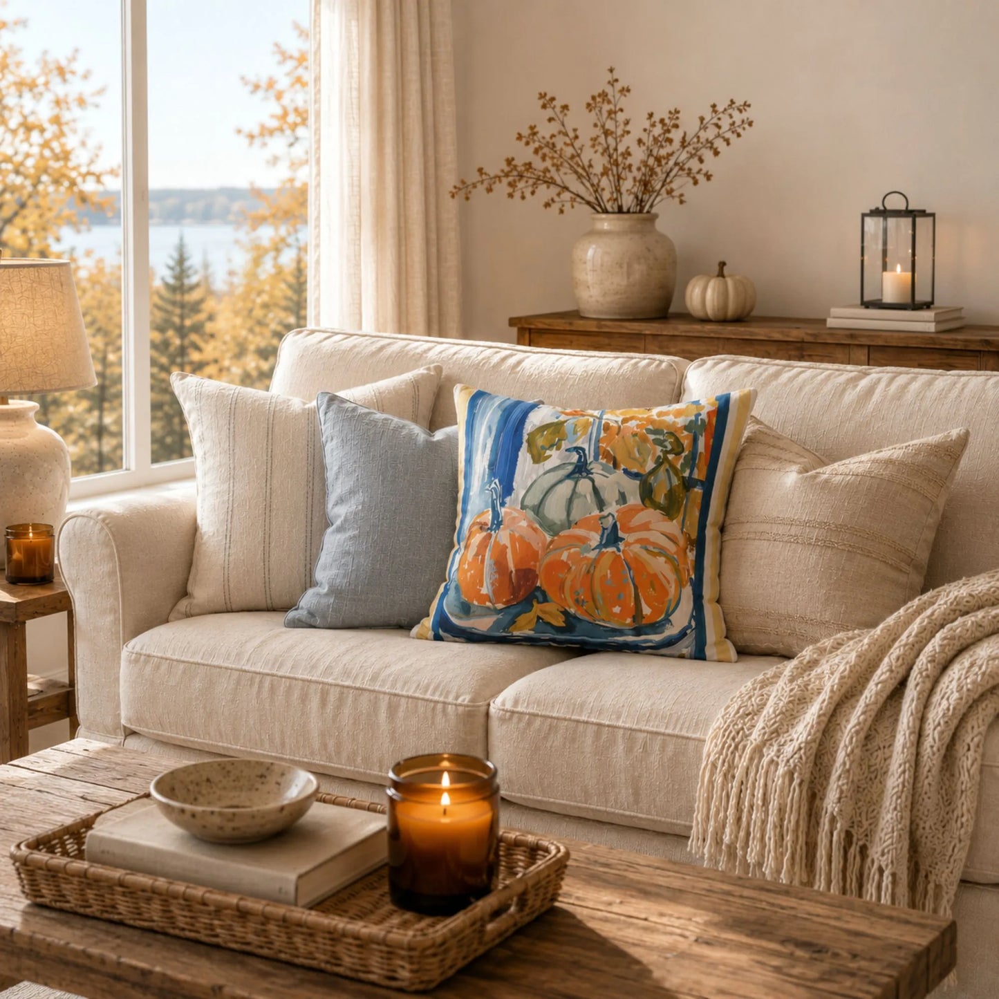 Blue and Orange Pumpkin Pillow and Cover, Coastal Fall Decor