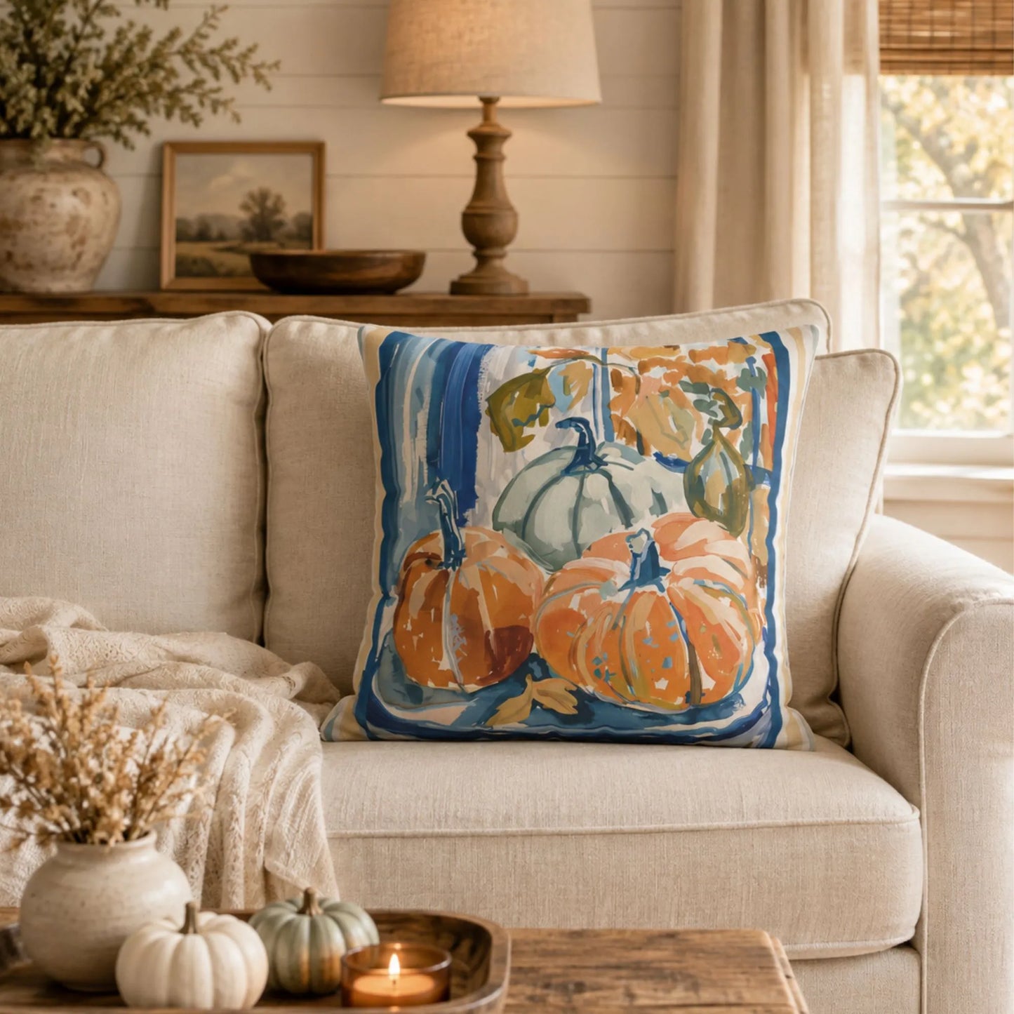 Blue and Orange Pumpkin Pillow and Cover, Coastal Fall Decor